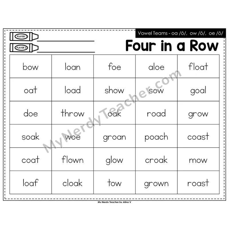Vowel Teams oa, ow, oe Four in a Row (Black & White)