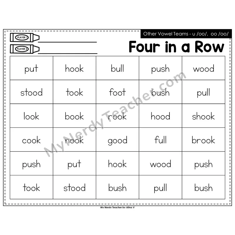 Other Vowel Teams u, oo Four in a Row (Black & White)
