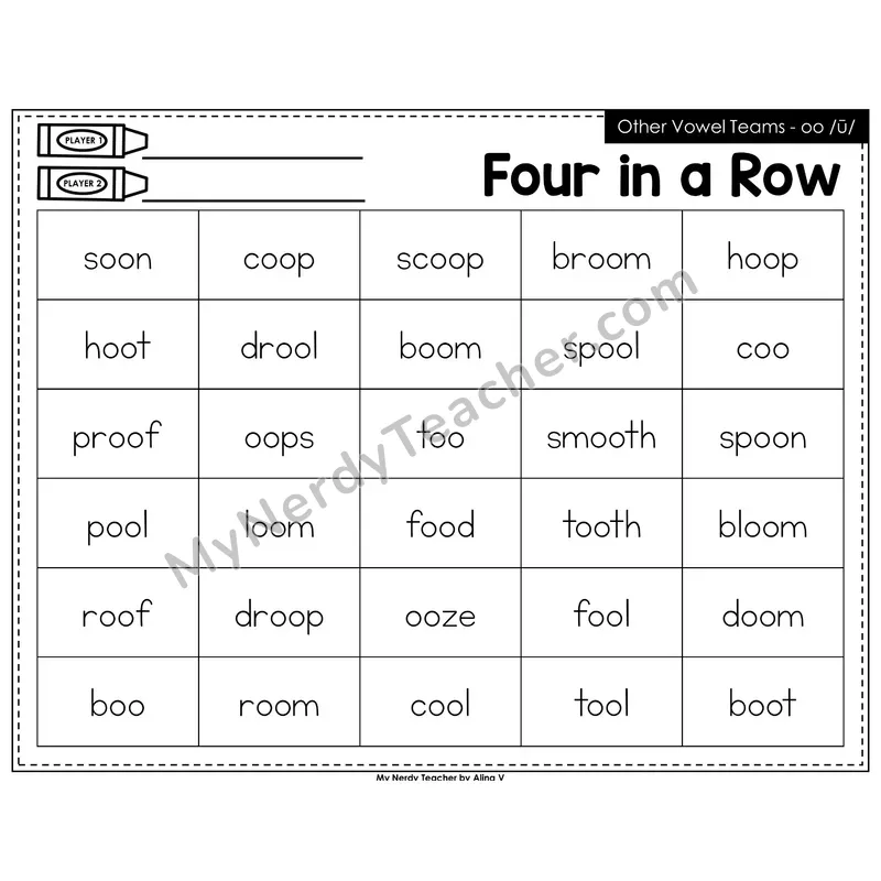 Other Vowel Teams oo (long) Four in a Row (Black & White)