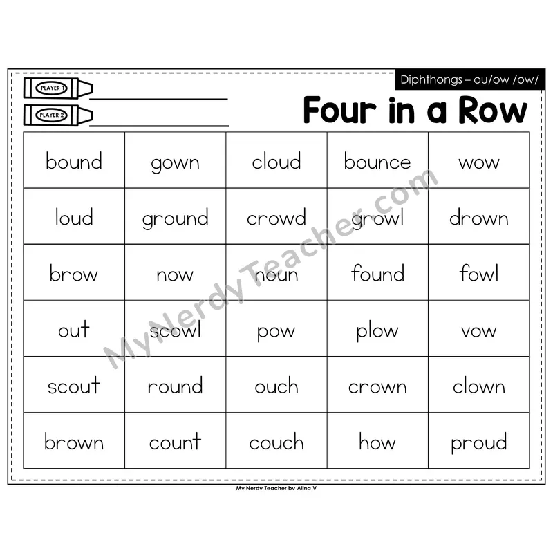 Diphthongs ou, ow Four in a Row (Black & White)