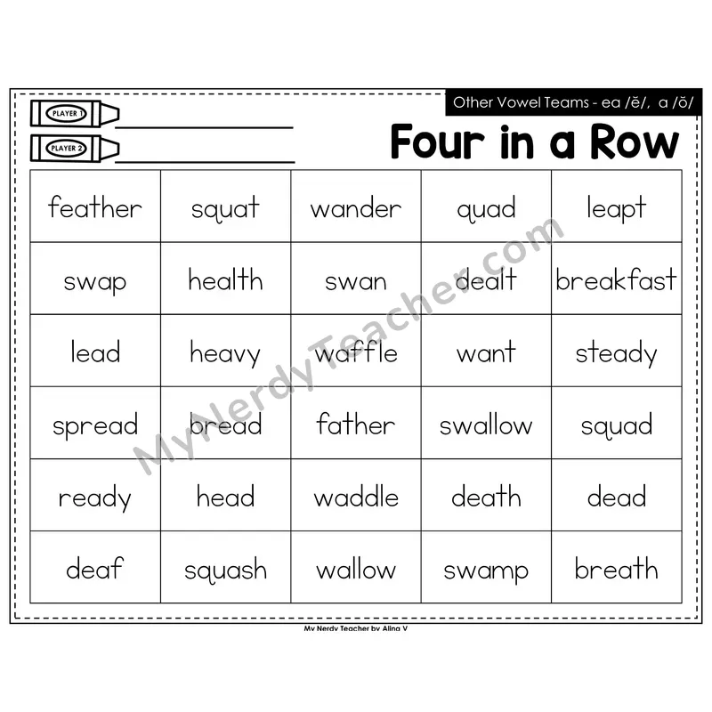Other Vowel Teams ea short e, a short o Four in a Row (Black & White)