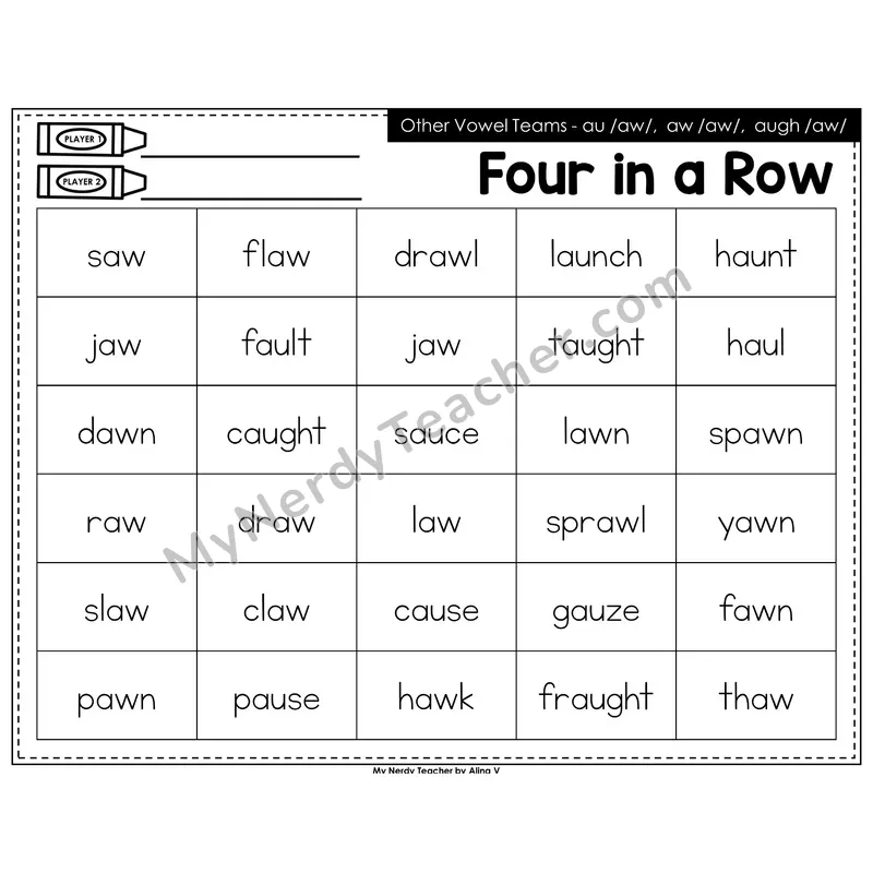 Other Vowel Teams au, aw, augh Four in a Row (Black & White)