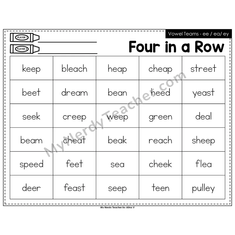 Vowel Teams ee, ea, ey Four in a Row