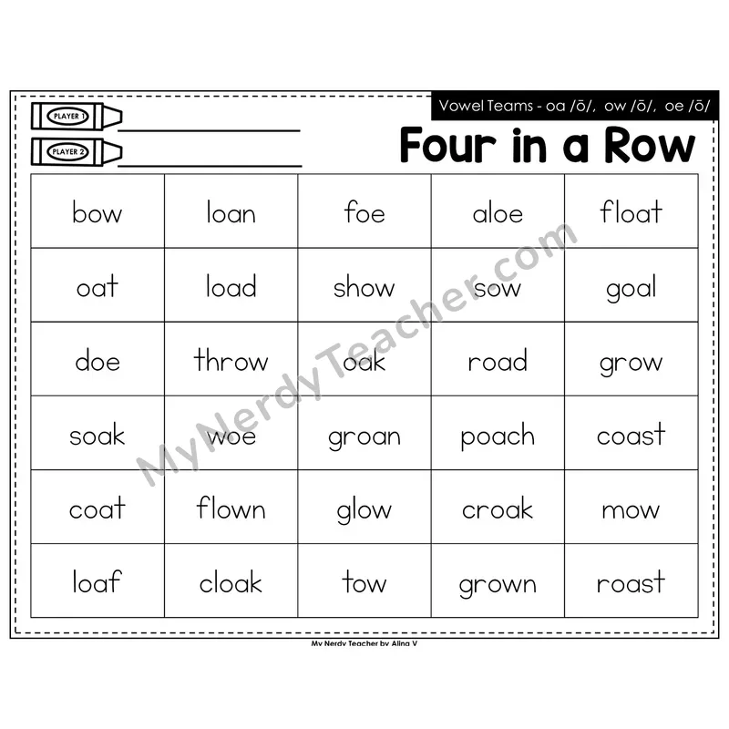 Vowel Teams oa, ow, oe Four in a Row