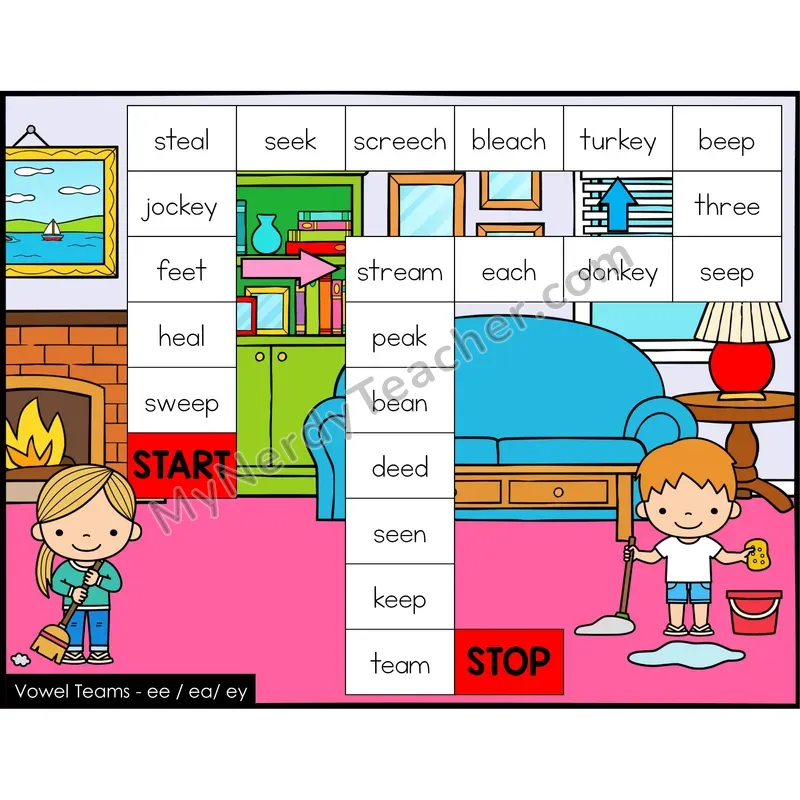 Vowel Teams ee, ea, ey Game Board with Recording Page