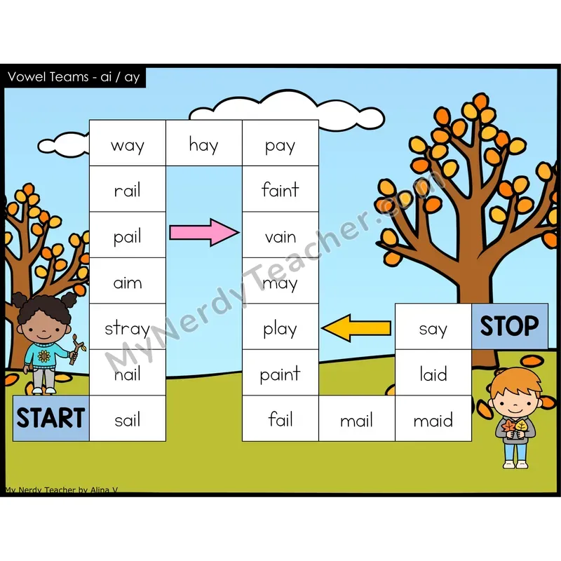 Vowel Teams ai, ay Game Board with Recording Page