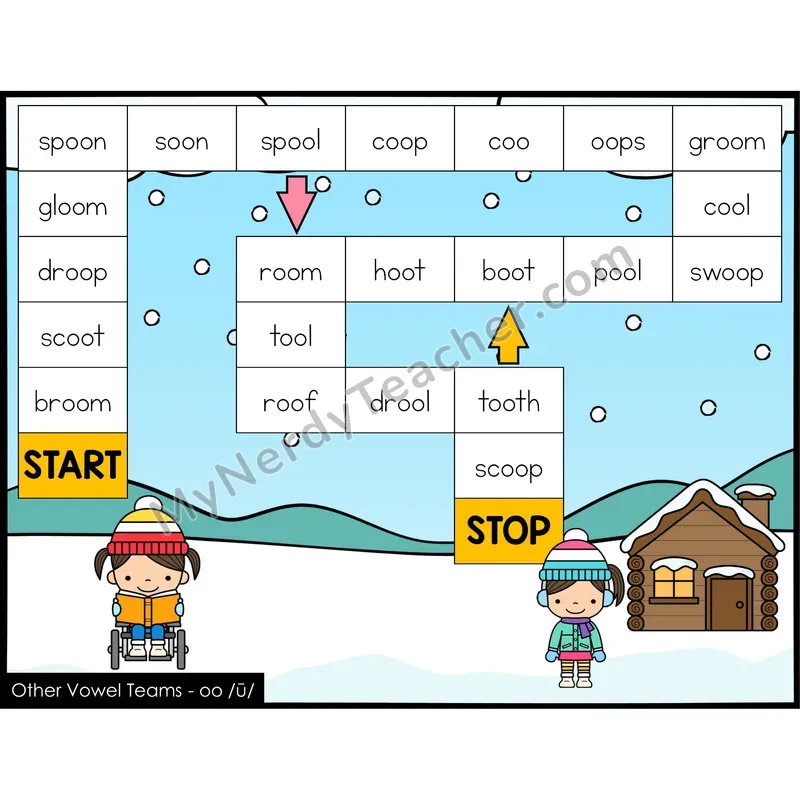 Other Vowel Teams oo (long) Game Board with Recording Page