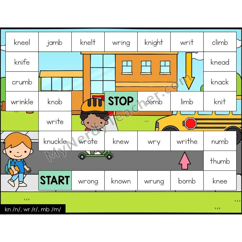 Silent Letters (kn, wr, mb) Game Board with Recording Page