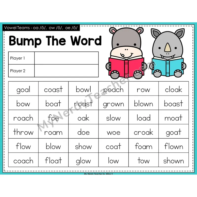 Vowel Teams oa, ow, oe Bump Game