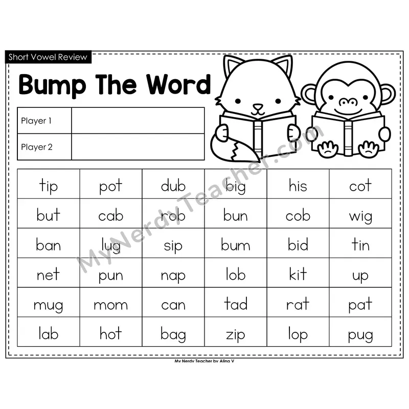 Short Vowels Review Bump Game (Black & White)