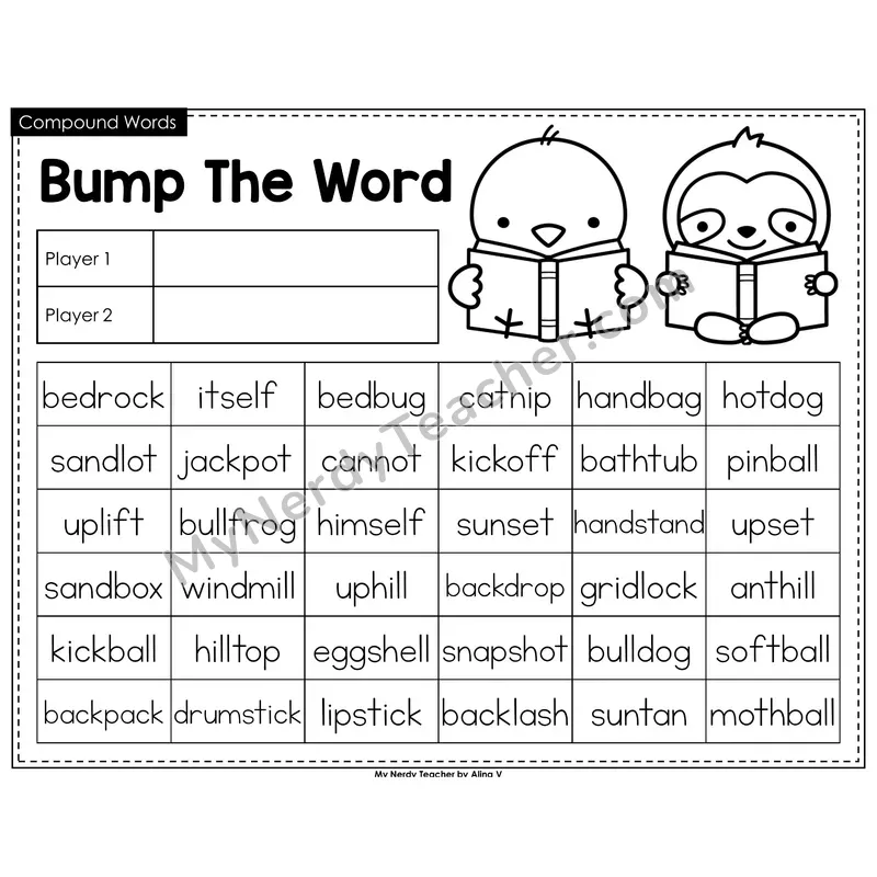 Compound Words Bump Game (Black & White)