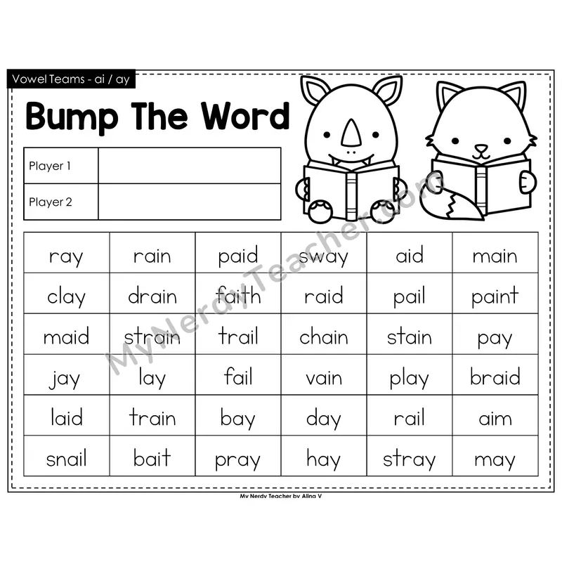 Vowel Teams ai, ay Bump Game (Black & White)