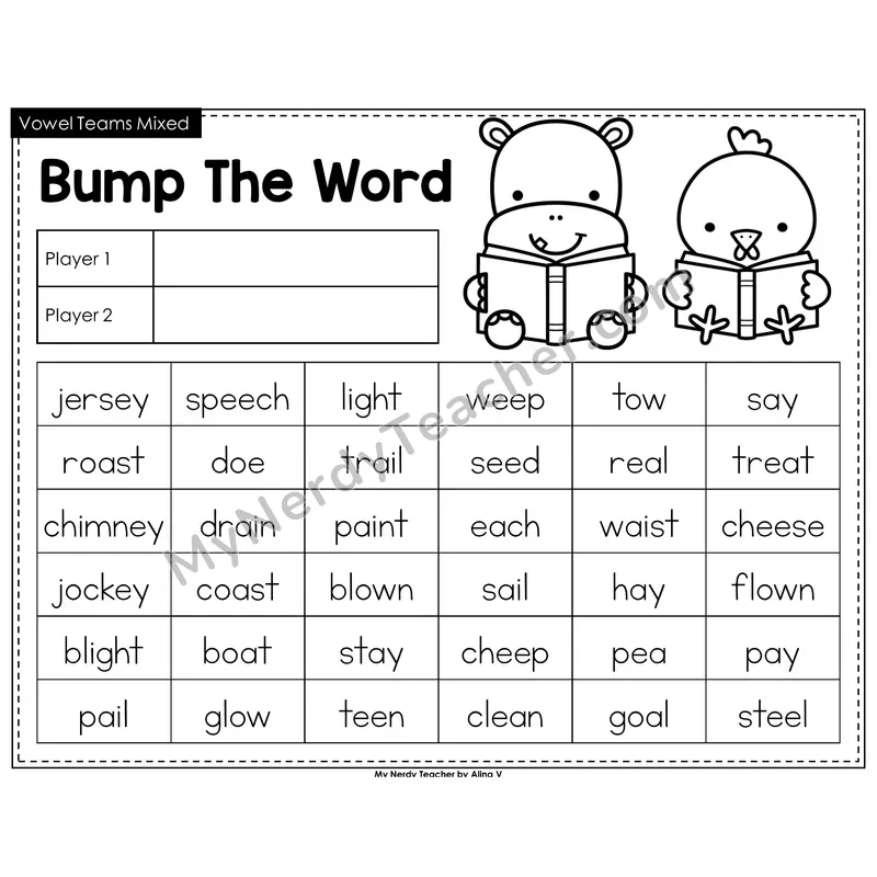 Mixed Vowel Teams Bump Game (Black & White)