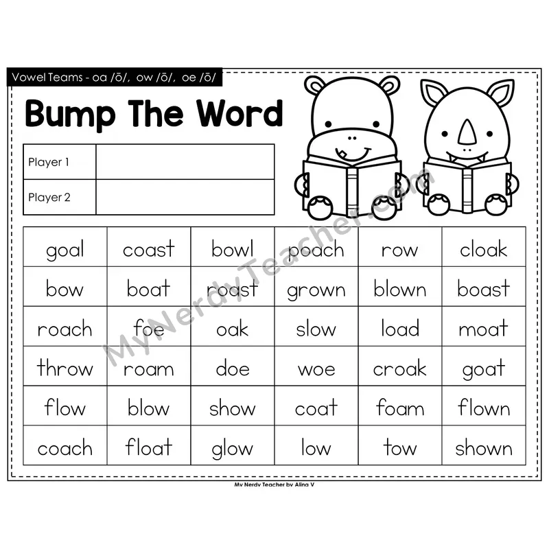 Vowel Teams oa, ow, oe Bump Game (Black & White)