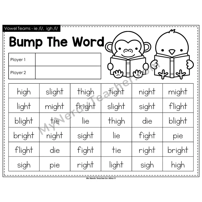 Vowel Teams ie, igh Bump Game (Black & White)