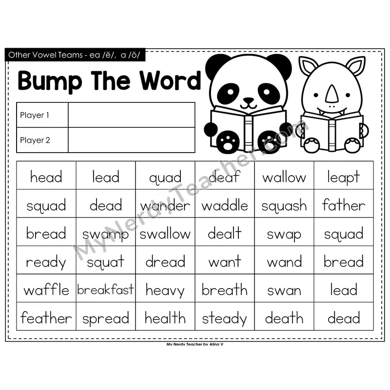 Other Vowel Teams ea short e, a short o Bump Game (Black & White)