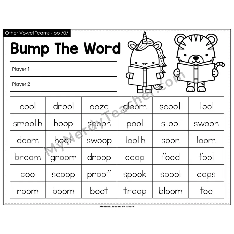 Other Vowel Teams oo (long) Bump Game (Black & White)