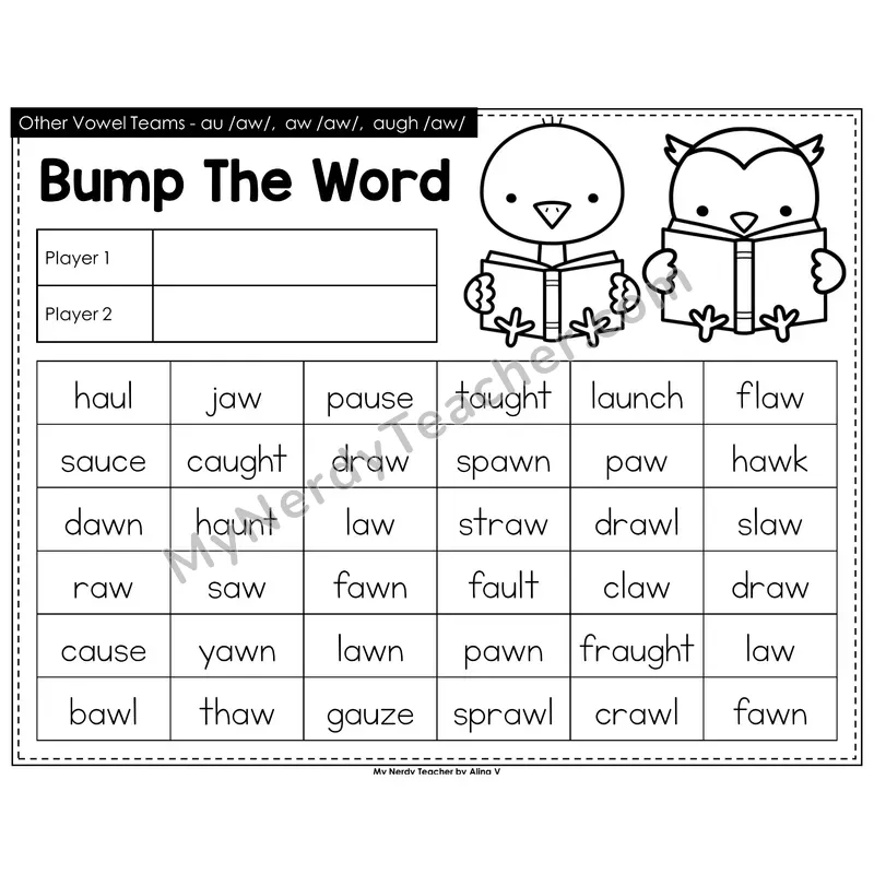 Other Vowel Teams au, aw, augh Bump Game (Black & White)