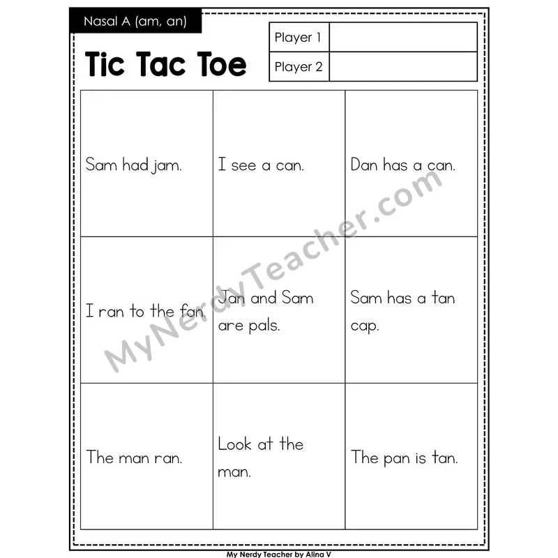 Nasalized A (am, an) Tic Tac Toe Decodable Sentences