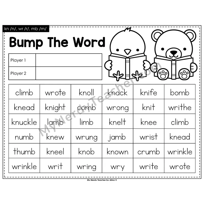 Silent Letters (kn, wr, mb) Bump Game (Black & White)