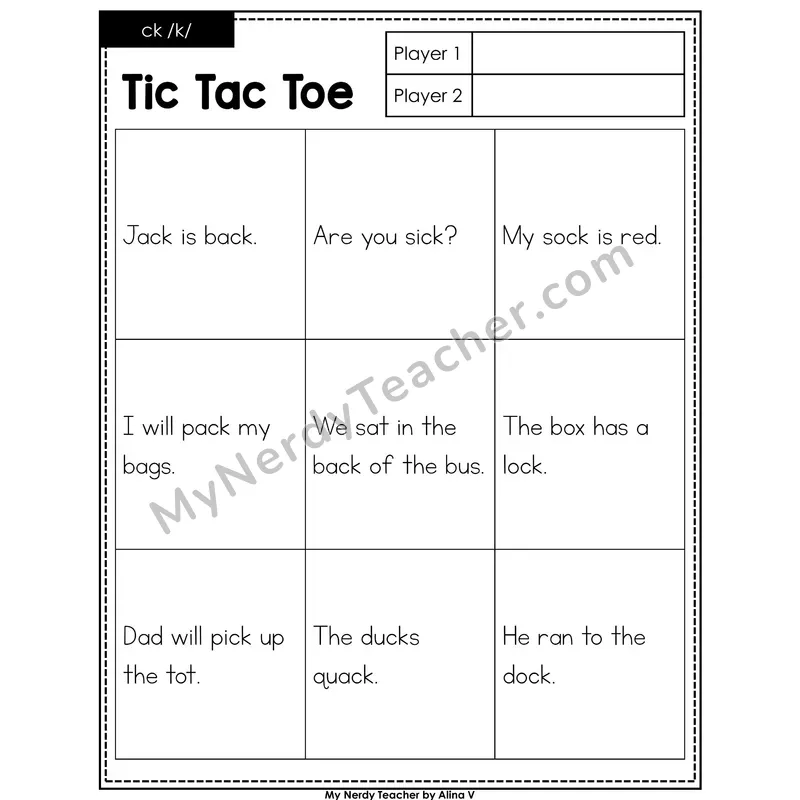 ck /k/ Tic Tac Toe Decodable Sentences
