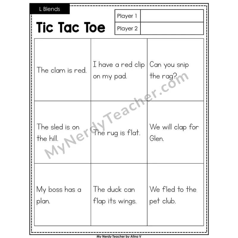 L Blends Tic Tac Toe Decodable Sentences