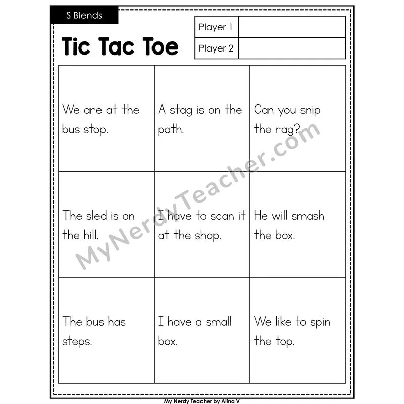 S Blends Tic Tac Toe Decodable Sentences