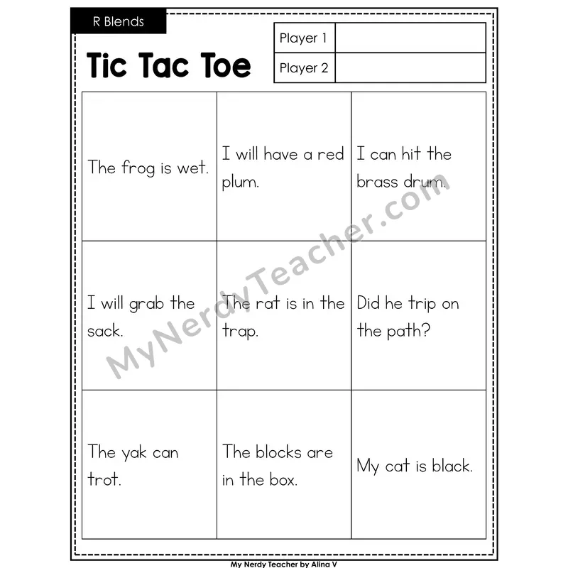 R Blends Tic Tac Toe Decodable Sentences
