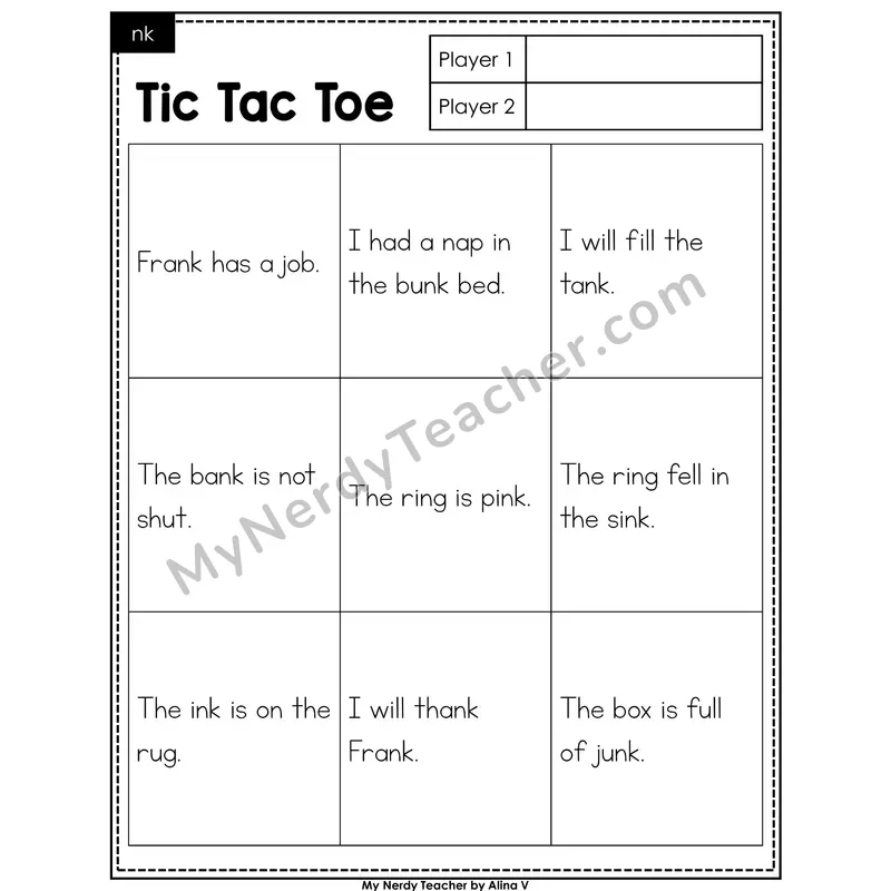 nk digraph Tic Tac Toe Decodable Sentences