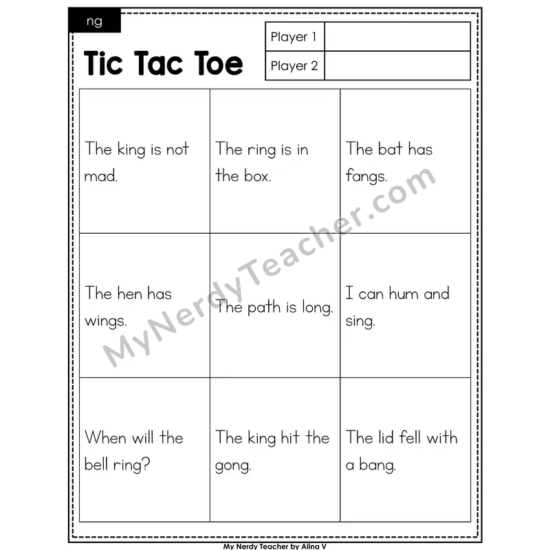 ng digraph Tic Tac Toe Decodable Sentences