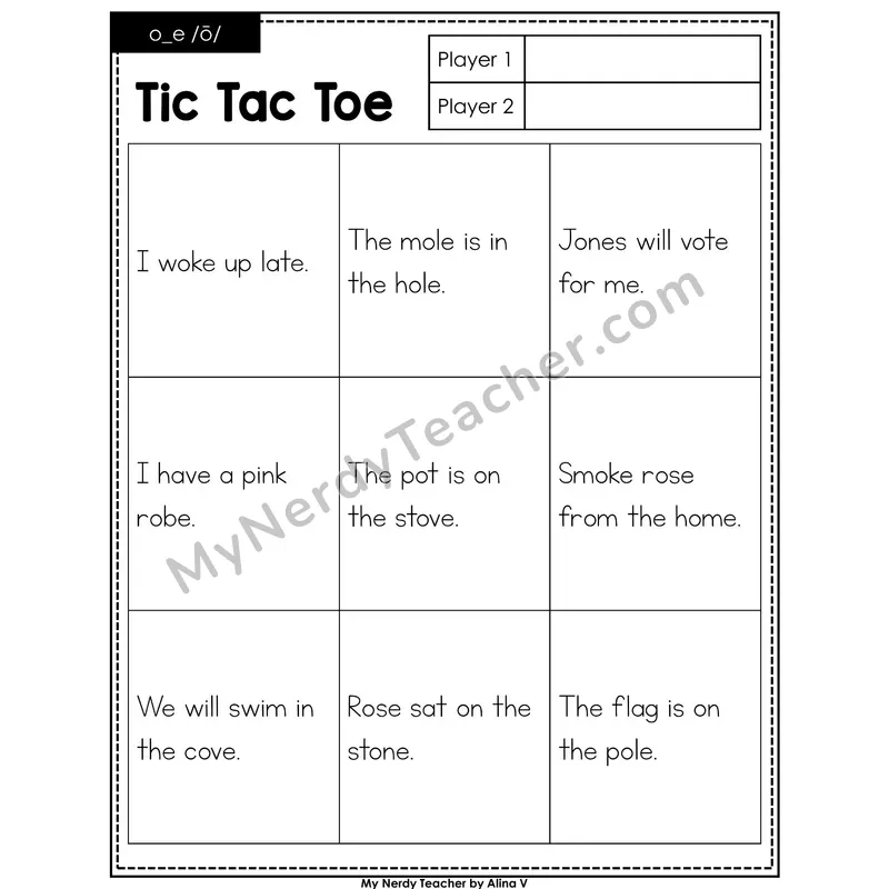o_e (long o VCe) Tic Tac Toe Decodable Sentences