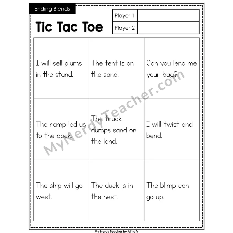 Ending Blends Tic Tac Toe Decodable Sentences