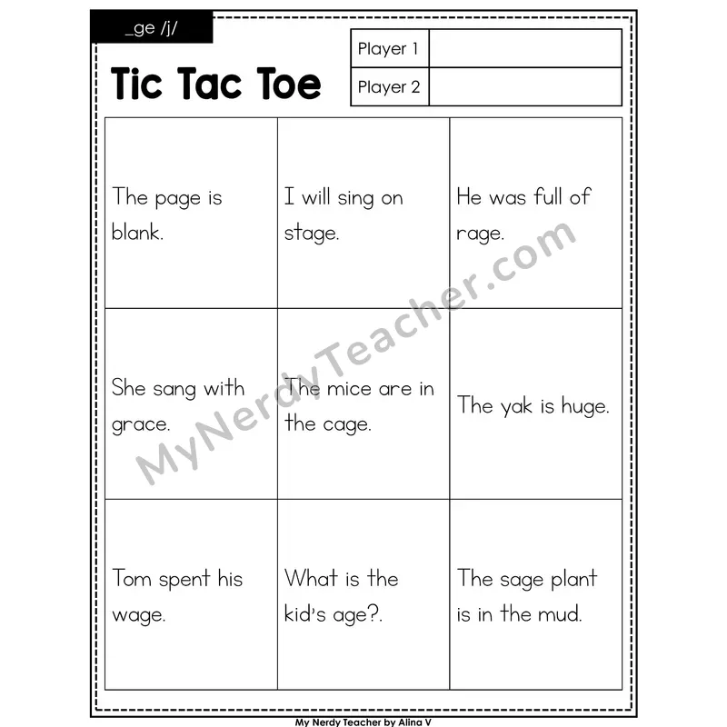 Soft G (_ge) Tic Tac Toe Decodable Sentences