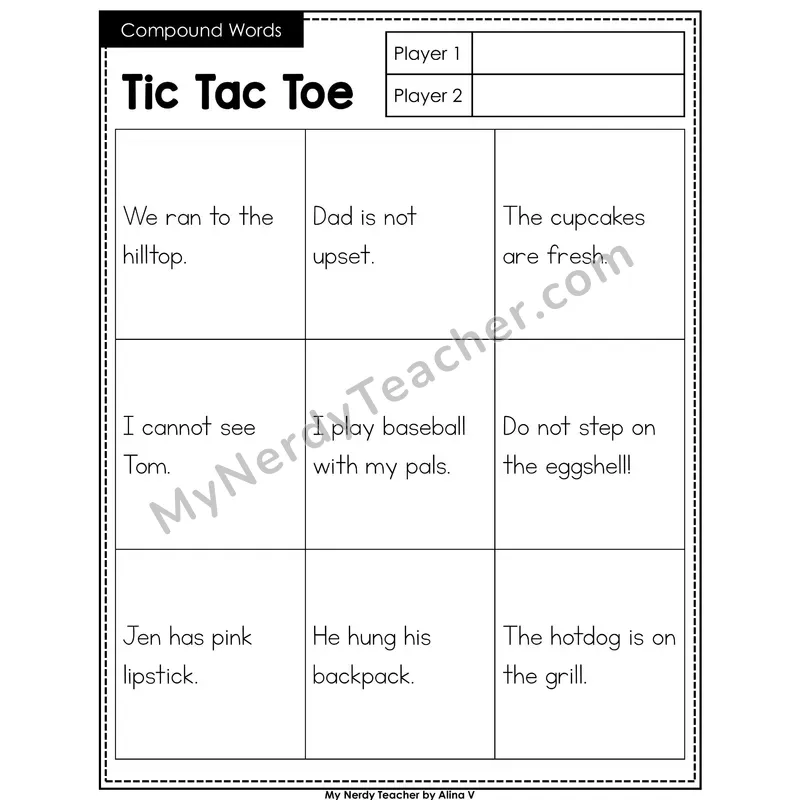 Compound Words Tic Tac Toe Decodable Sentences