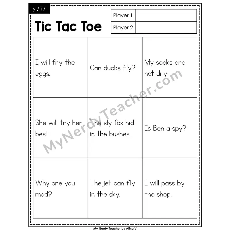 y as Long i Tic Tac Toe Decodable Sentences