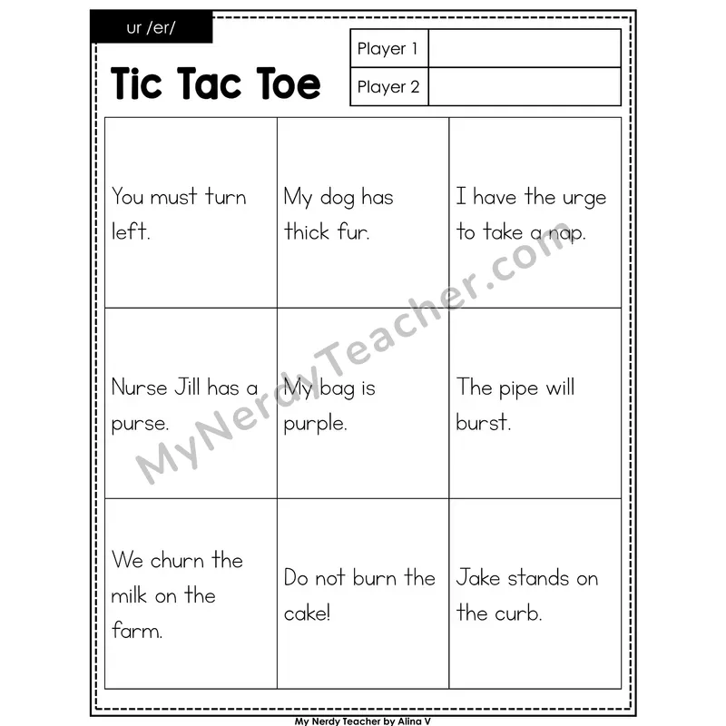 ur (r-controlled) Tic Tac Toe Decodable Sentences