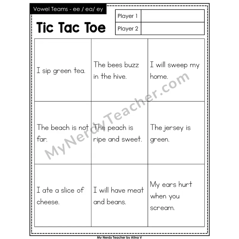 Vowel Teams ee, ea, ey Tic Tac Toe Decodable Sentences