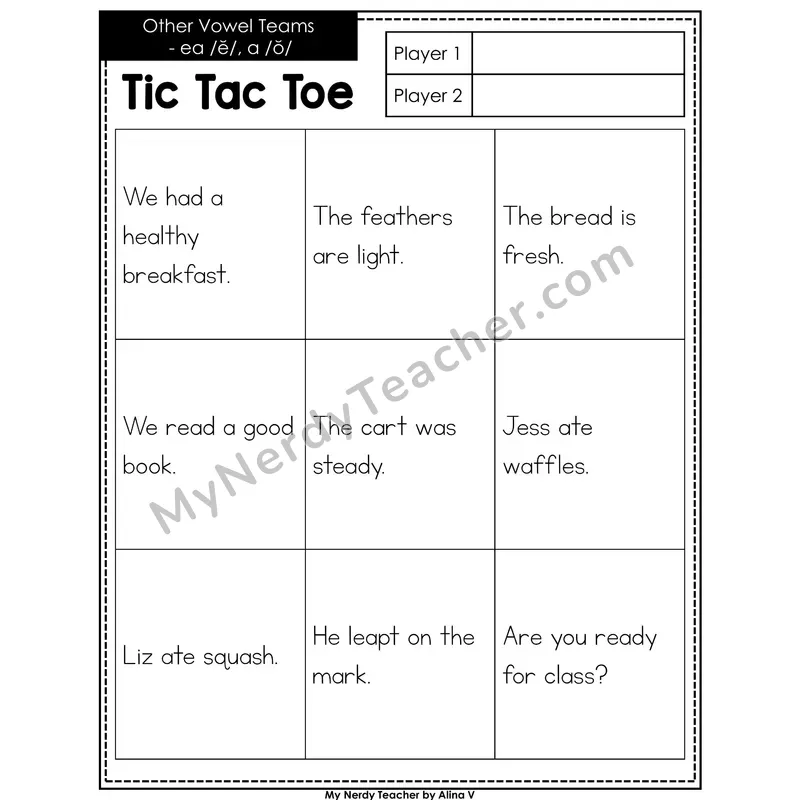 Other Vowel Teams ea short e, a short o Tic Tac Toe Decodable Sentences