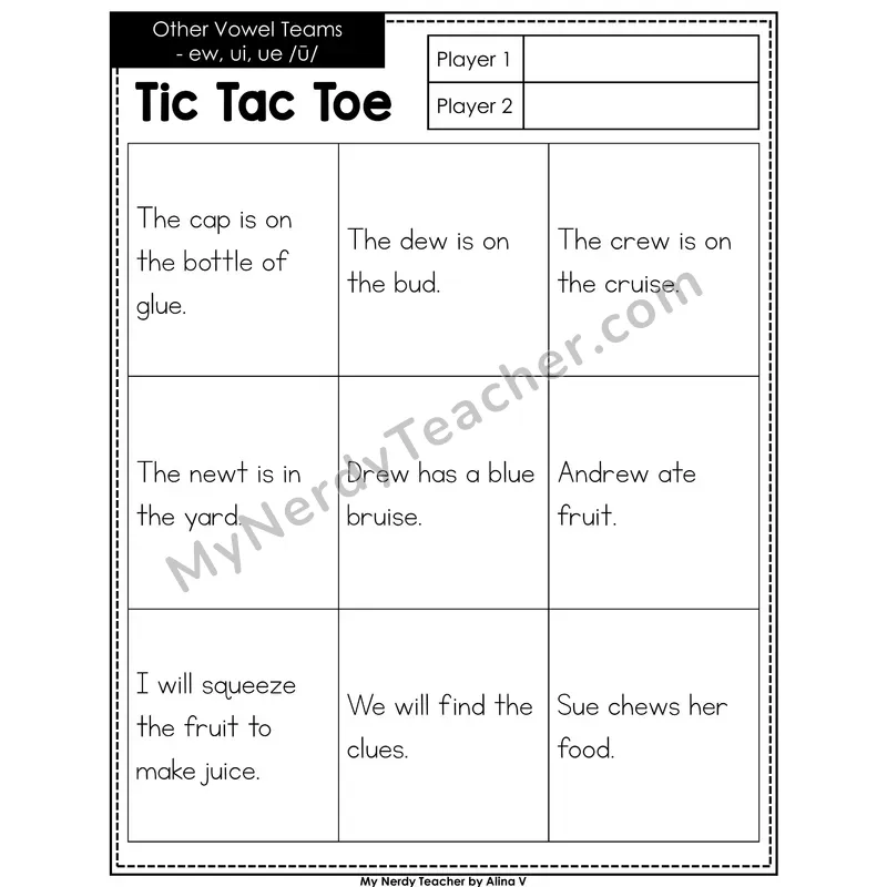 Other Vowel Teams ew, ui, ue Tic Tac Toe Decodable Sentences