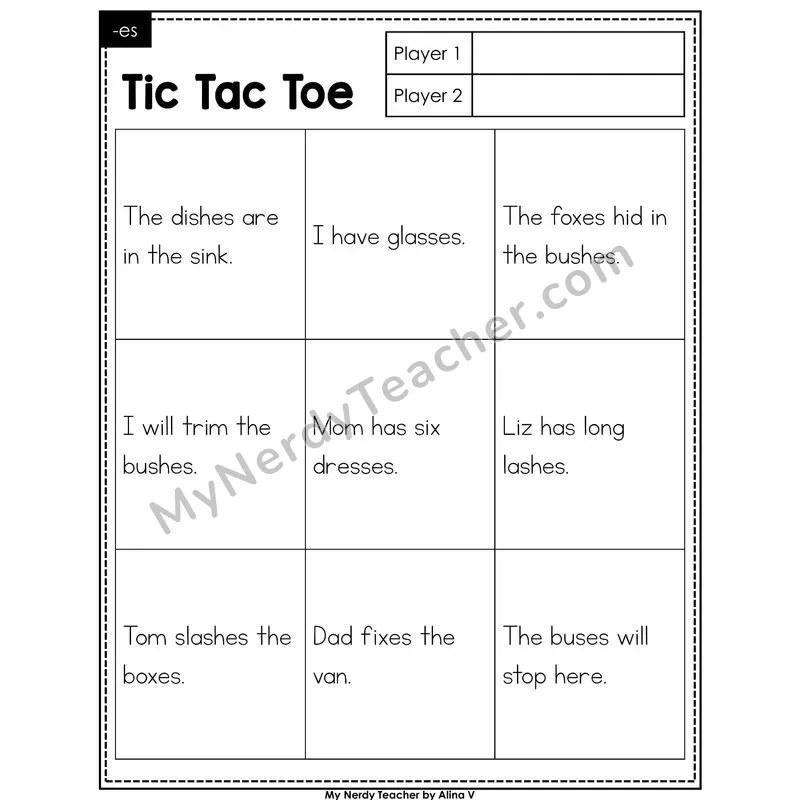 Suffix -es Tic Tac Toe Decodable Sentences (Black & White)