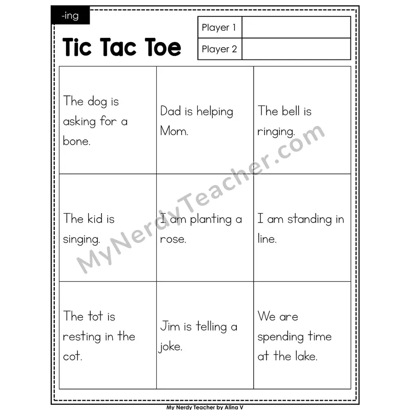 Suffix -ing Tic Tac Toe Decodable Sentences (Black & White)