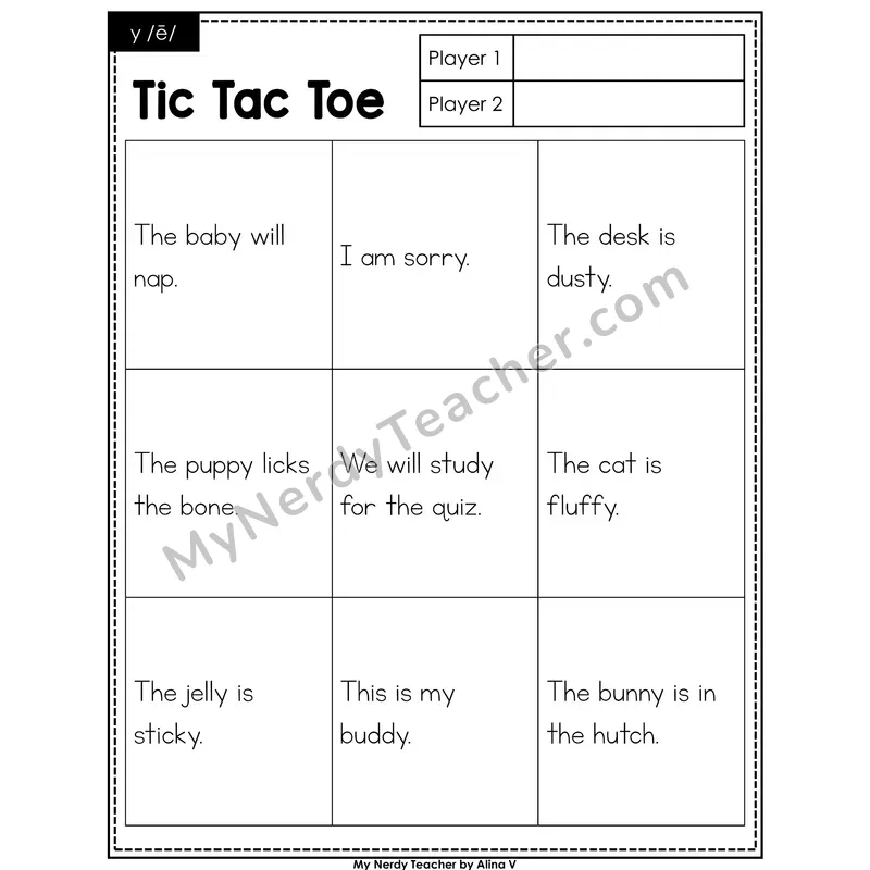 y as Long e Tic Tac Toe Decodable Sentences (Black & White)
