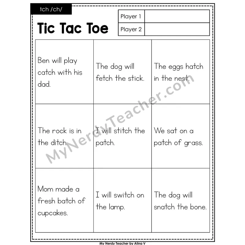 tch trigraph Tic Tac Toe Decodable Sentences (Black & White)