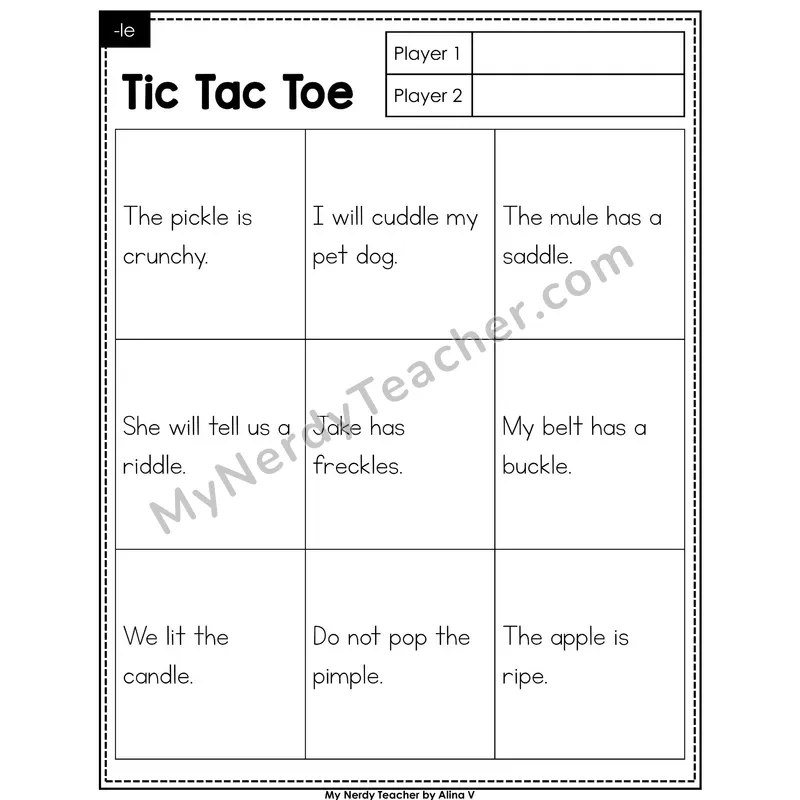 Consonant -le Tic Tac Toe Decodable Sentences (Black & White)