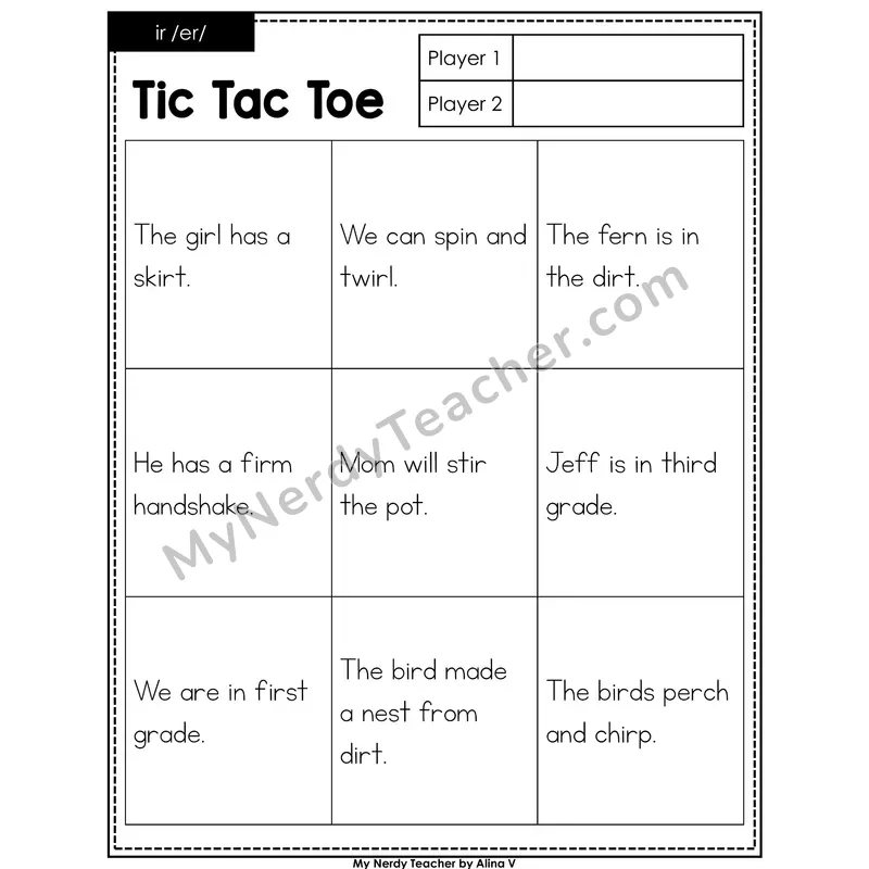 ir (r-controlled) Tic Tac Toe Decodable Sentences (Black & White)