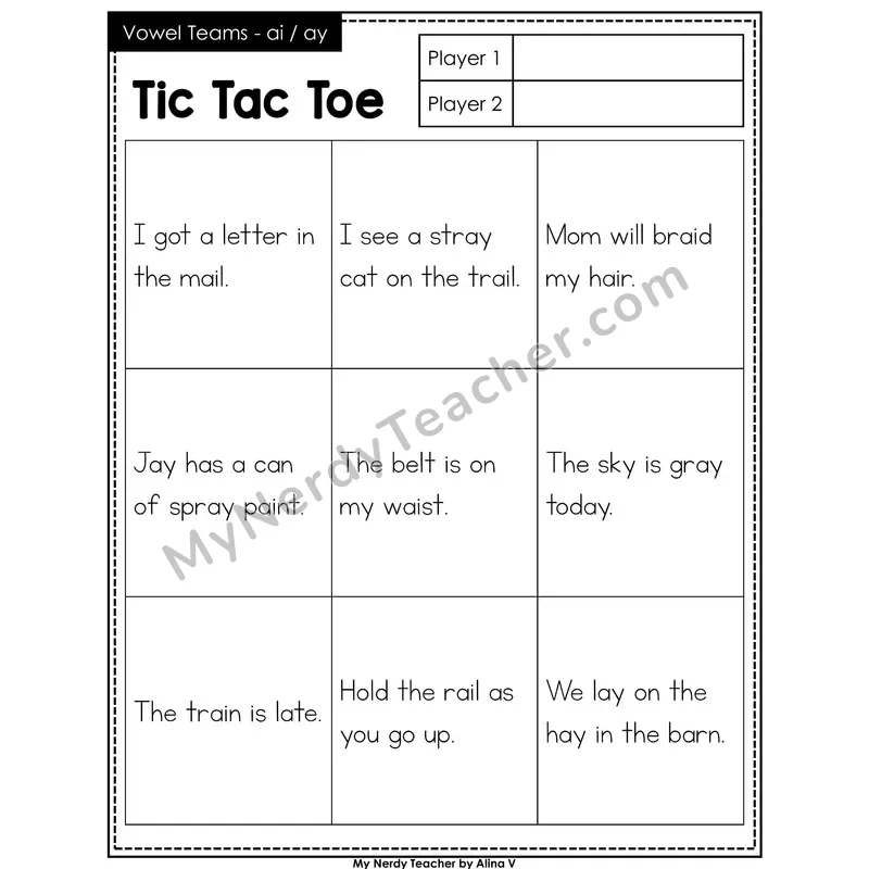 Vowel Teams ai, ay Tic Tac Toe Decodable Sentences (Black & White)