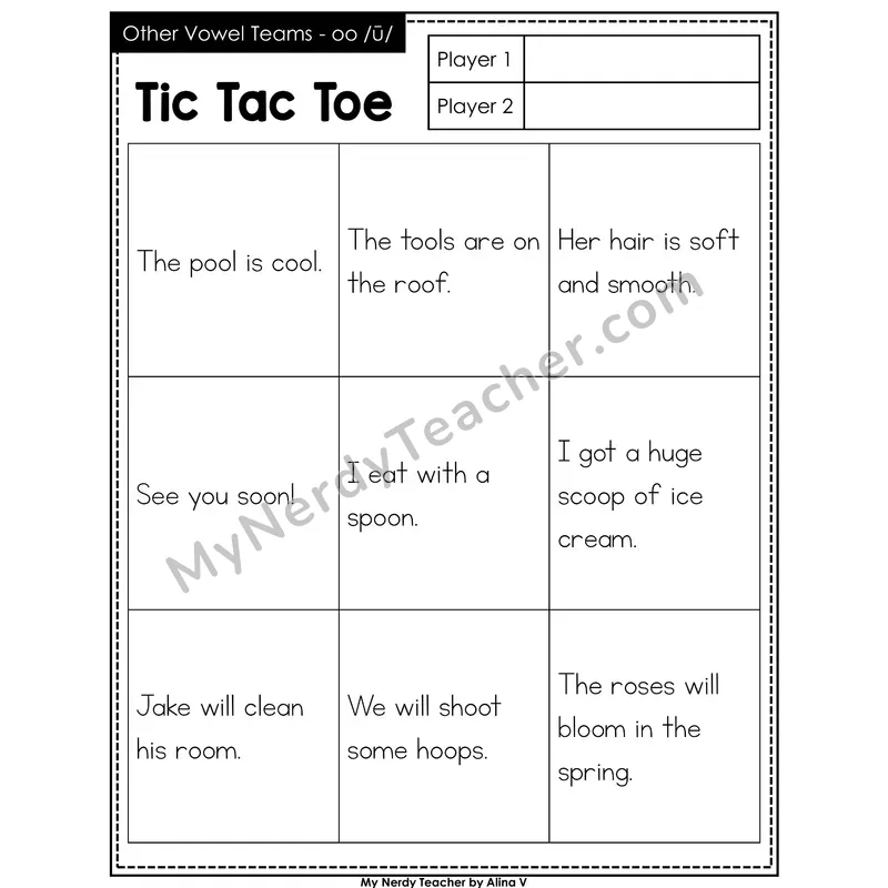 Other Vowel Teams oo (long) Tic Tac Toe Decodable Sentences (Black & White)