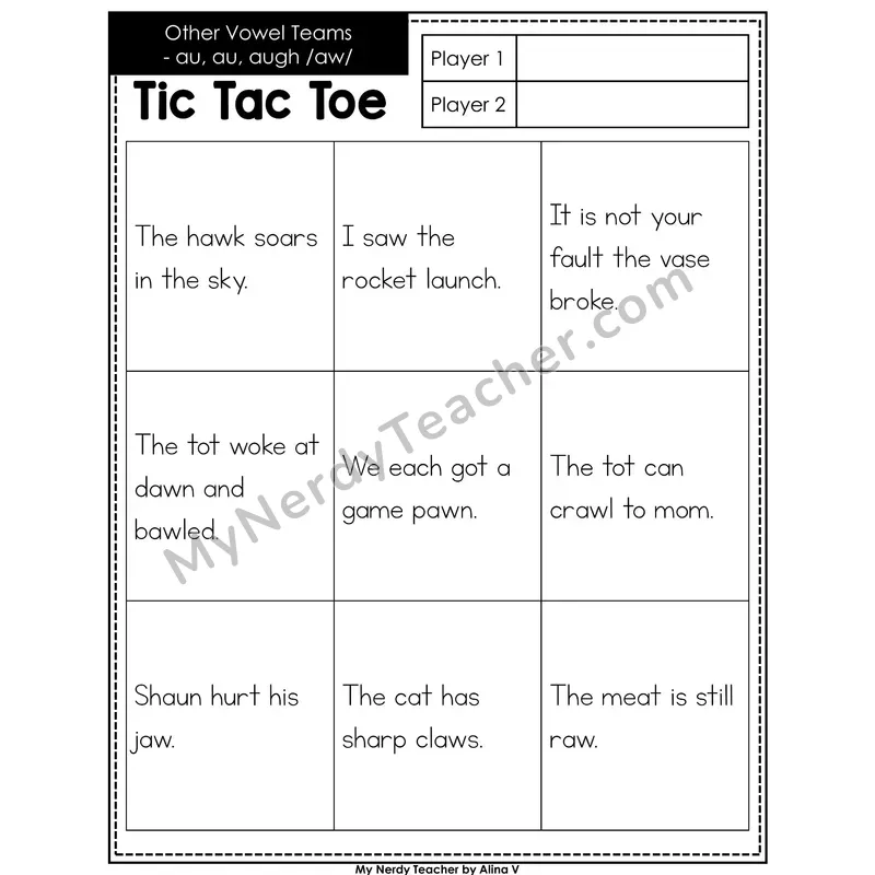 Other Vowel Teams au, aw, augh Tic Tac Toe Decodable Sentences (Black & White)