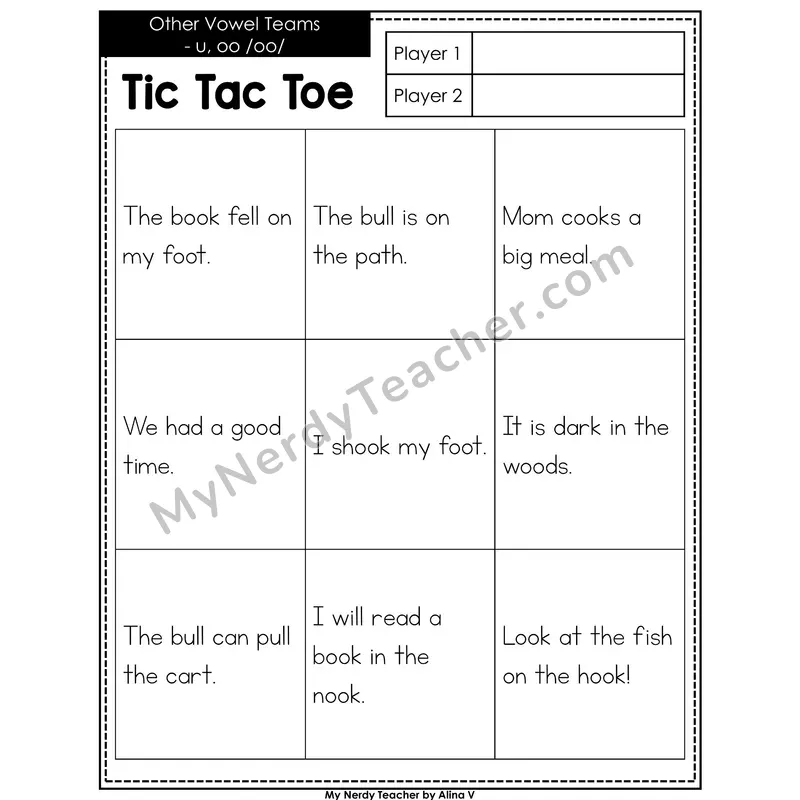 Other Vowel Teams u, oo Tic Tac Toe Decodable Sentences (Black & White)