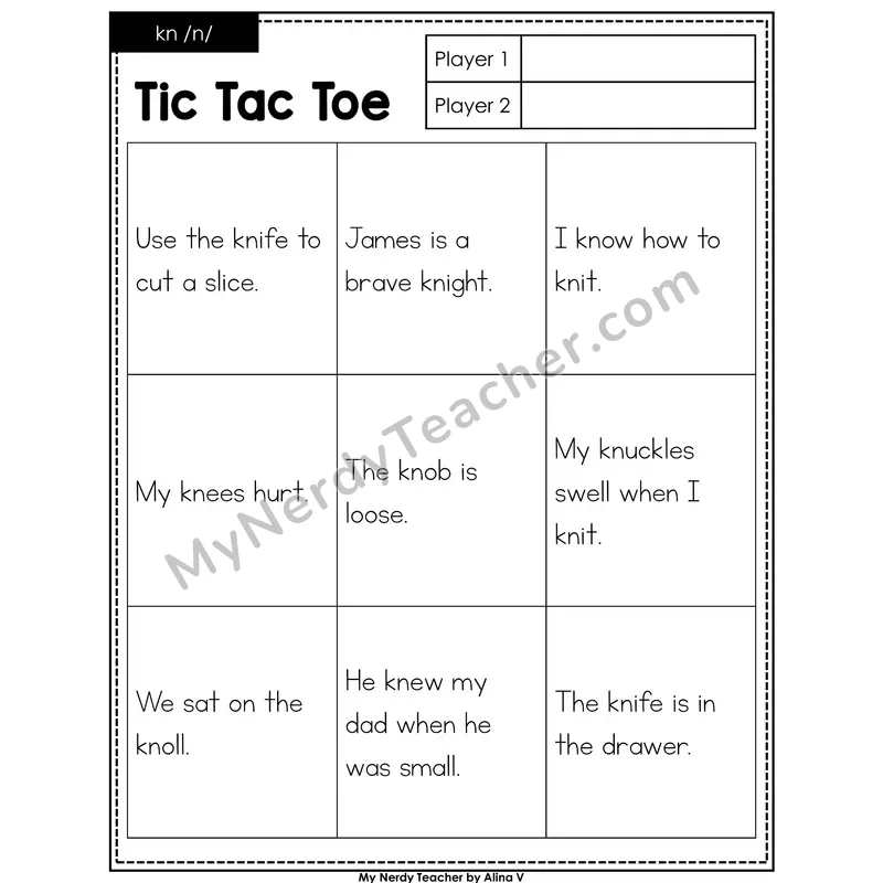 Silent Letters kn Tic Tac Toe Decodable Sentences (Black & White)